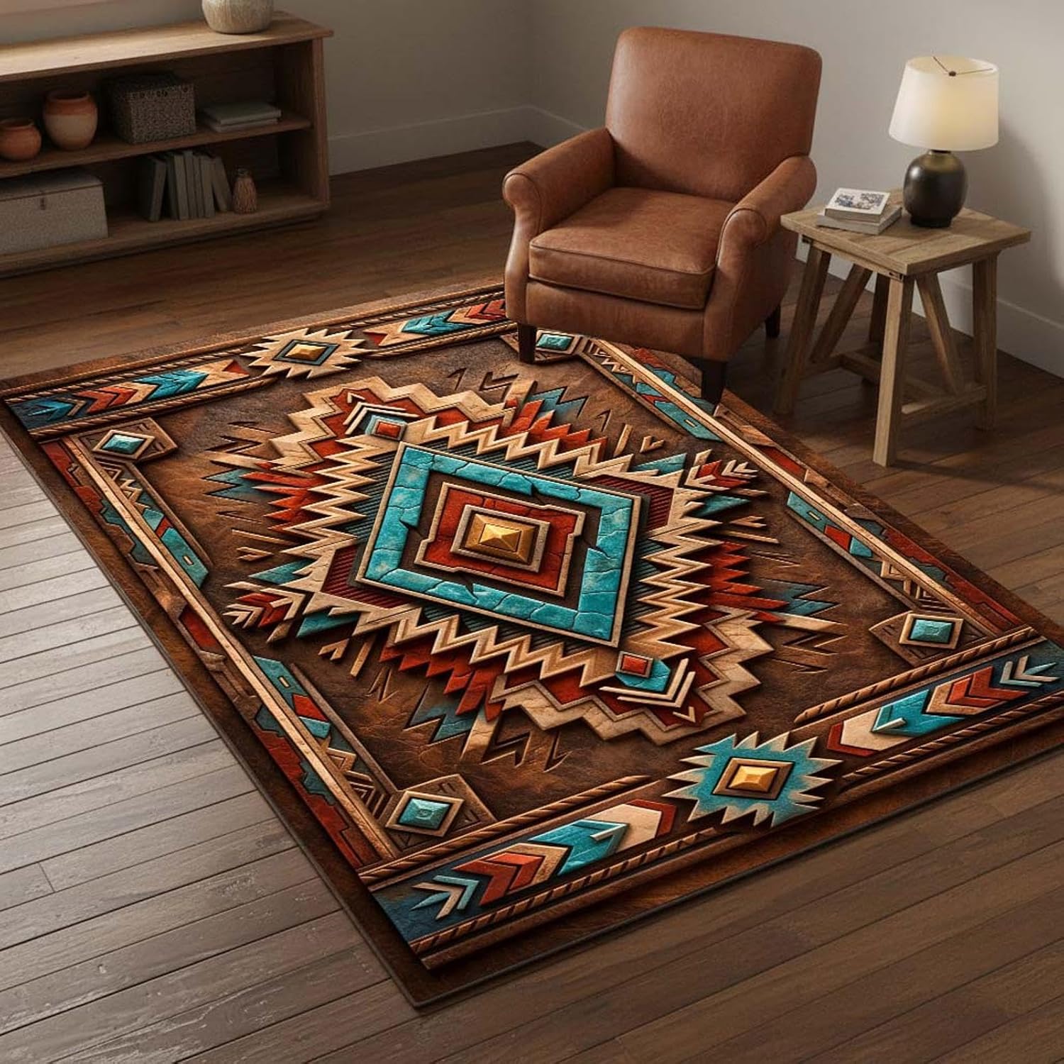 Southwestern Aztec Area Rug 5'x8' Brown Turquoise Rust Western Carpet, 3D Tribal Ranch Farmhouse Design, Non Slip Washable Low Pile Rug for Living Room Bedroom