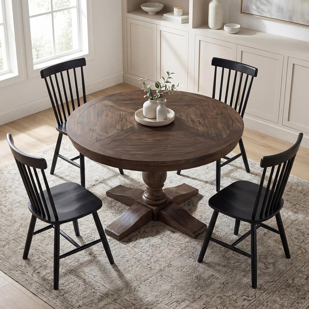 60' Round Dining Table, Reclaimed Wood Kitchen Table for 6-8 Farmhouse Circle Kitchen Table with Pedestal Curved Leg for Kitchen Dining Room Restaurant - Weathered Brown