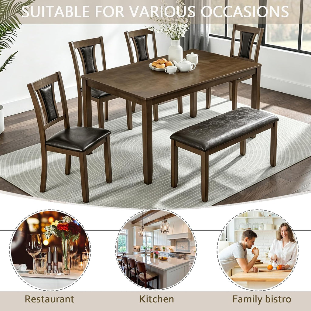LUMISOL 6-Piece Modern Dining Table Set with Upholstered Chairs of 6, Wooden Rectangular Table for 6-7 People, Farmhouse Kitchen Table Set with Bench for Restaurant, Walnut