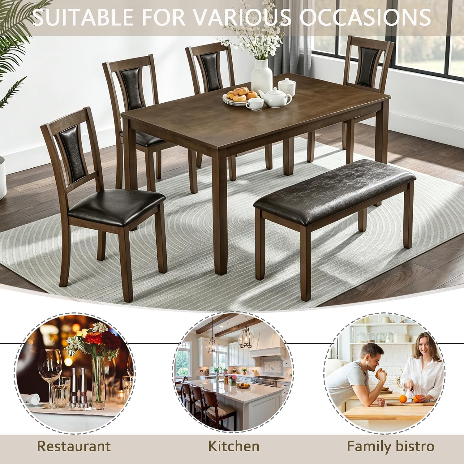 LUMISOL 6-Piece Modern Dining Table Set with Upholstered Chairs of 6, Wooden Rectangular Table for 6-7 People, Farmhouse Kitchen Table Set with Bench for Restaurant, Walnut