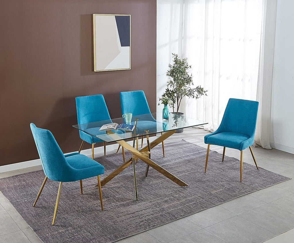 51' Glass Dining Table for 4, Contemporary Rectangular Dining Room Table with Tempered Glass Top & Golden Finish Stainless Steel Legs, Modern Kitchen Table for Home Office
