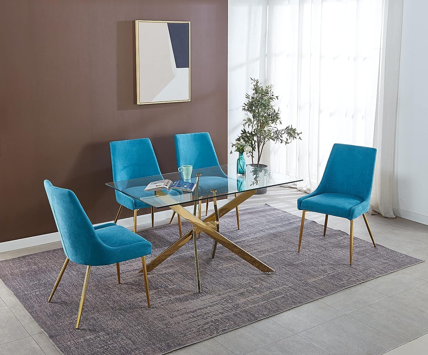 51' Glass Dining Table for 4, Contemporary Rectangular Dining Room Table with Tempered Glass Top & Golden Finish Stainless Steel Legs, Modern Kitchen Table for Home Office