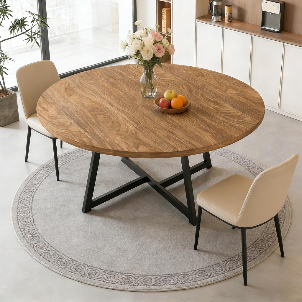 Large Round Dining Table for 6-8, Wooden Dinner Table with Heavy Duty Metal Pedestal Base, for Kitchen Living Room, Space Saving, 59 Inch, Brown