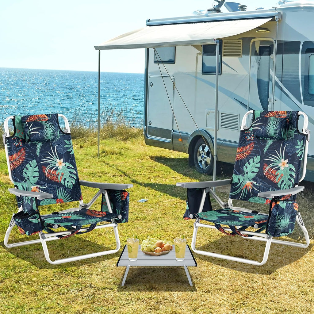 Tangkula Backpack Beach Chair with Table, 5-Position Lay Flat Chairs with Cooler Bag, 2 Cup Holders, Towel Bar, Lightweight Low Folding Chair with Backpack Straps