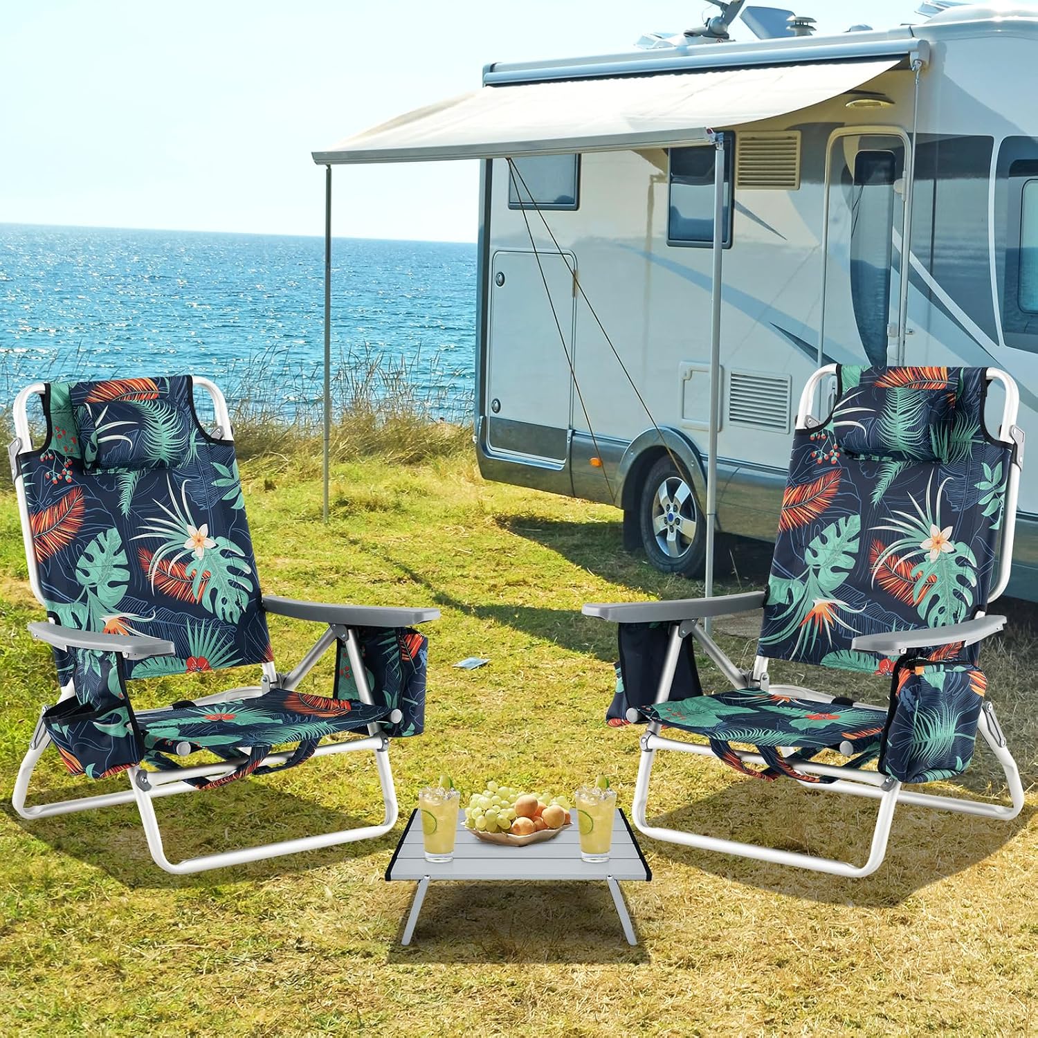 Tangkula Backpack Beach Chair with Table, 5-Position Lay Flat Chairs with Cooler Bag, 2 Cup Holders, Towel Bar, Lightweight Low Folding Chair with Backpack Straps