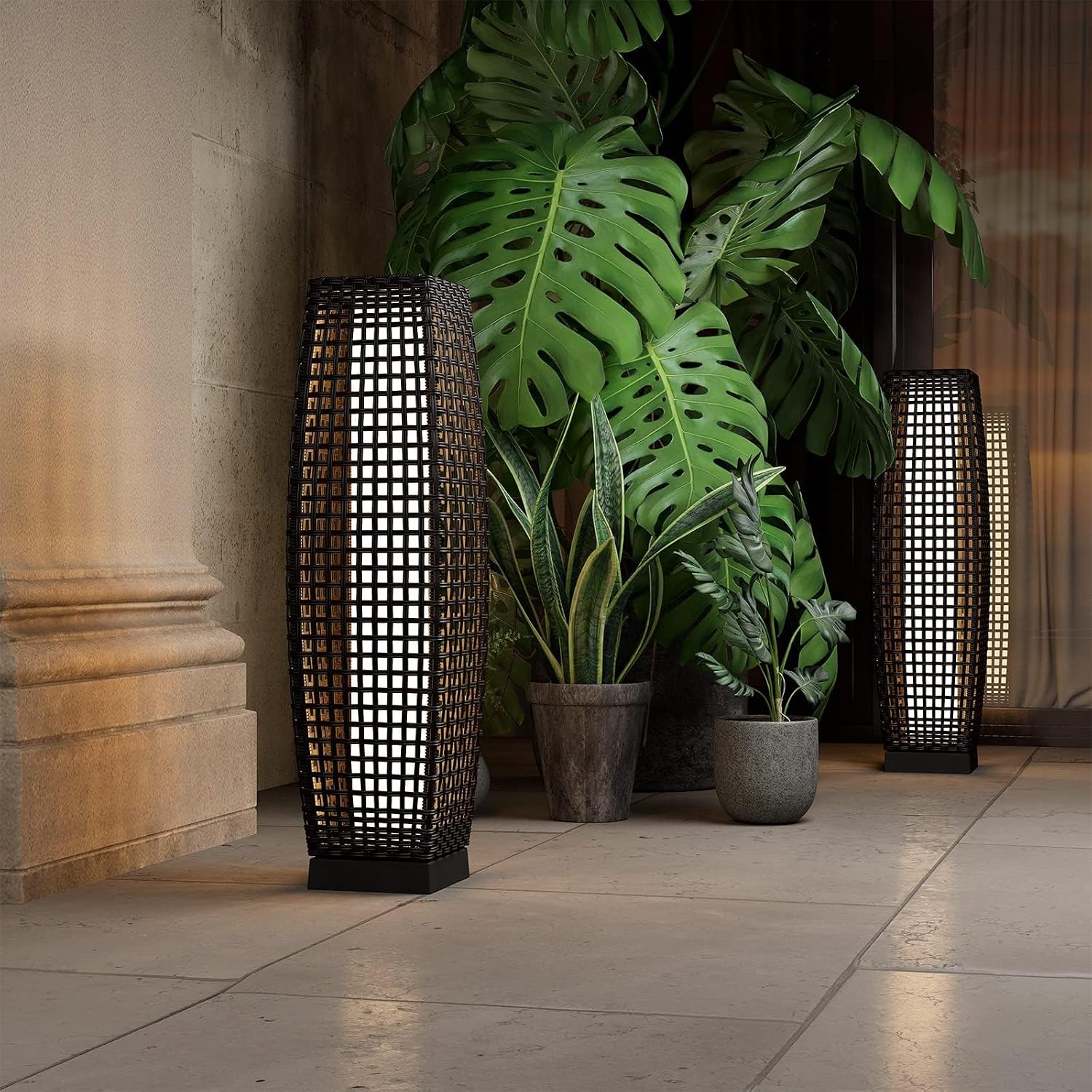 Grand patio 2-Piece Outdoor Floor Lamp Solar Powered Lantern Water-Resistant Wicker Deck Patio Light, Lamp Large-Sized for Garden or Porch-Large Fuji, Silver Gray