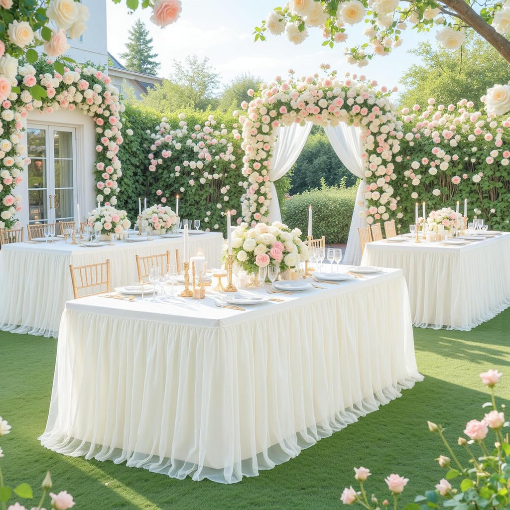 4 Pack 8ft Ivory Tulle Tablecloths for Rectangle Tables, 8 Foot Ivory Rectangular Table Cloth Wrinkle Free Tablecover with Tutu Skirt for Wedding Baby Shower Birthday Party Banquet Buffet Cake