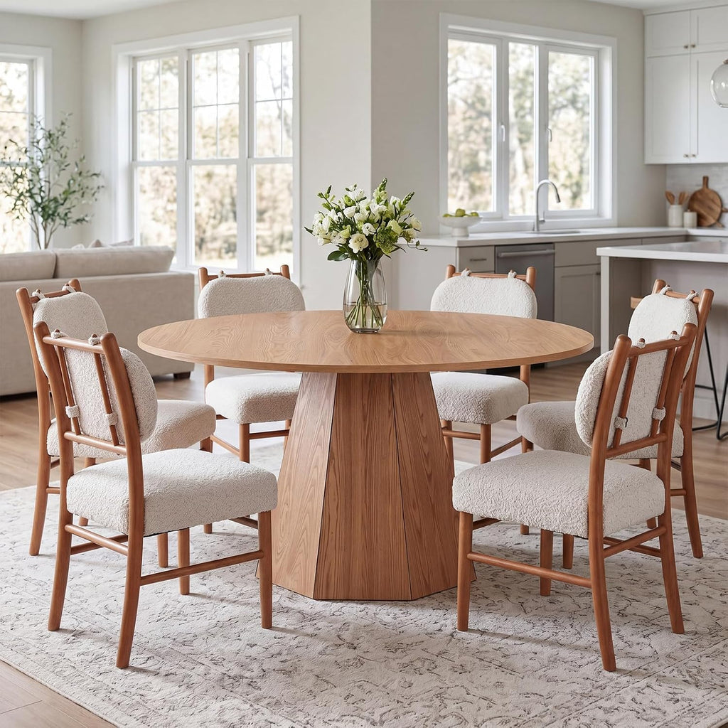 BESTANO 59' Round Dining Table for 4-6 People, Kitchen Dining Room Table with Wooden Pedestal Base, Circle Dinner Pedestal Dining Table for Dining Room (Table Only), Brown