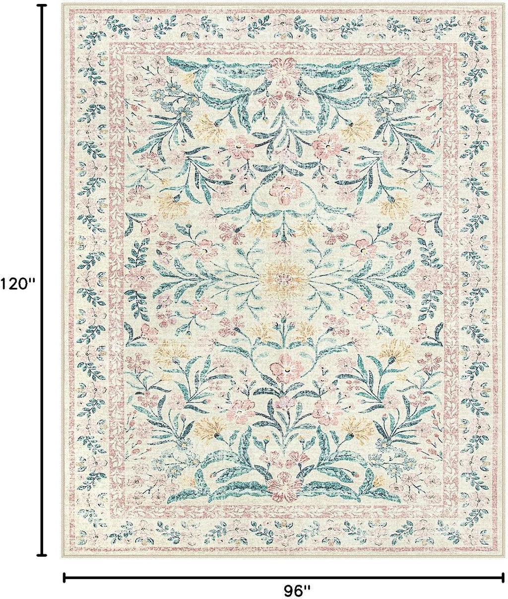 Lahome Sylvie Area Rugs 8x10 for Living Room, Boho Machine Washable Pink Cottage Decor for Girls Bedroom, Ultra-Thin Soft Cute Non Slip Floral Carpets for Dorm Reading Room Classroom, Pink/Multi
