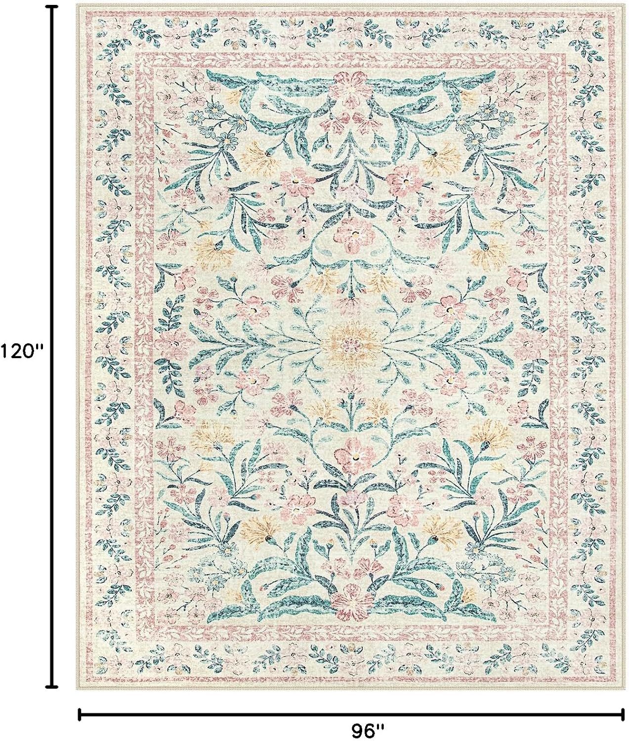 Lahome Sylvie Area Rugs 8x10 for Living Room, Boho Machine Washable Pink Cottage Decor for Girls Bedroom, Ultra-Thin Soft Cute Non Slip Floral Carpets for Dorm Reading Room Classroom, Pink/Multi