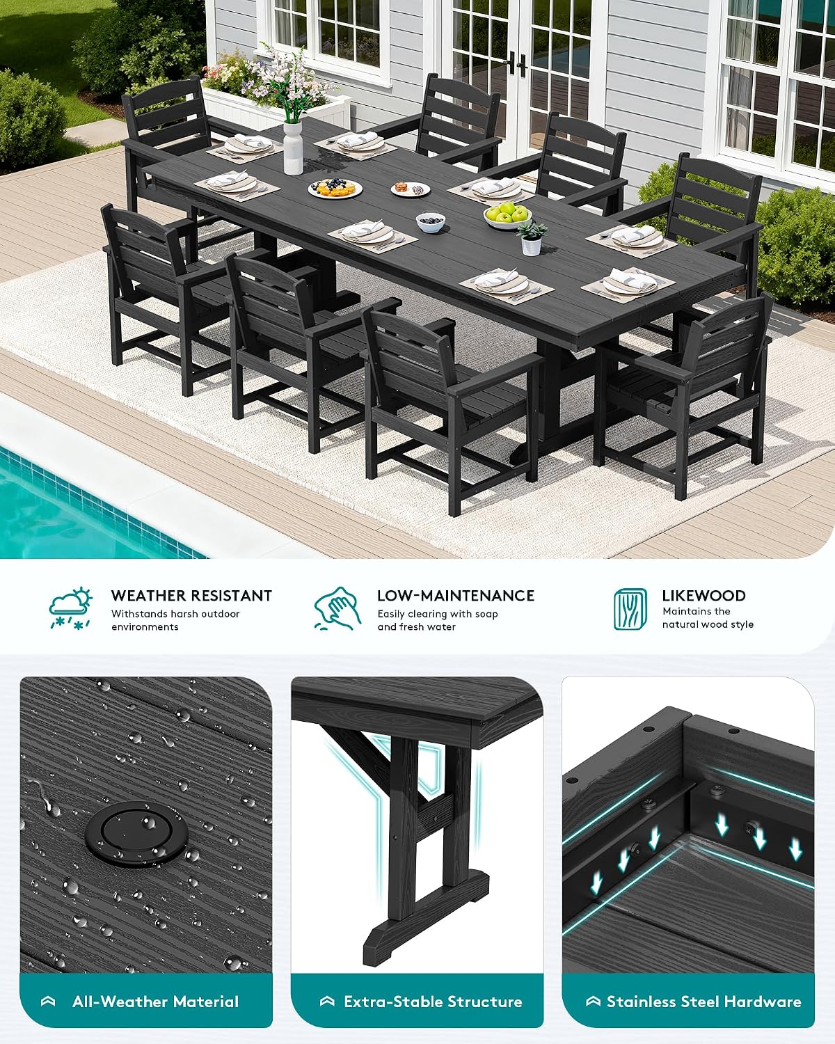 SERWALL 9 Piece Outdoor Dining Set, 84' HDPE Outdoor Table and Chairs for 8，All Weather Patio Dining Furniture Set with Umbrella Hole for Backyard, Garden, Black