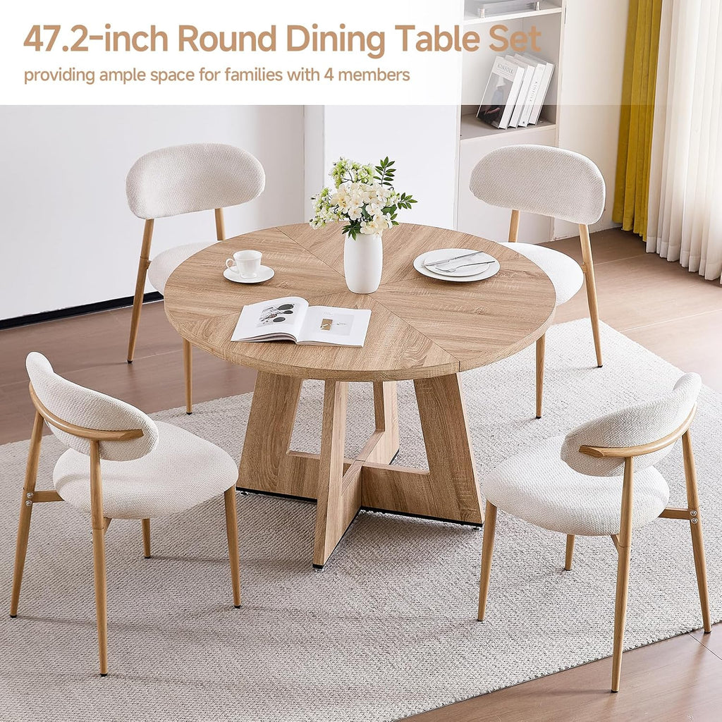 47' Round Dining Table Set for 4 with Chairs Circle Kitchen Table and Chairs Set Mid-Century Modern Chair with Metal Legs for Apartment Living Room(1 Natural Table + 4 Beige Chairs)