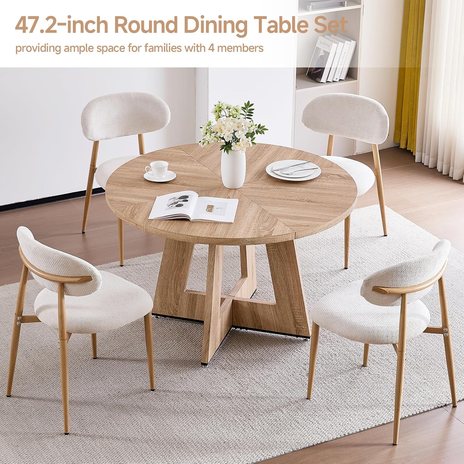 47' Round Dining Table Set for 4 with Chairs Circle Kitchen Table and Chairs Set Mid-Century Modern Chair with Metal Legs for Apartment Living Room(1 Natural Table + 4 Beige Chairs)
