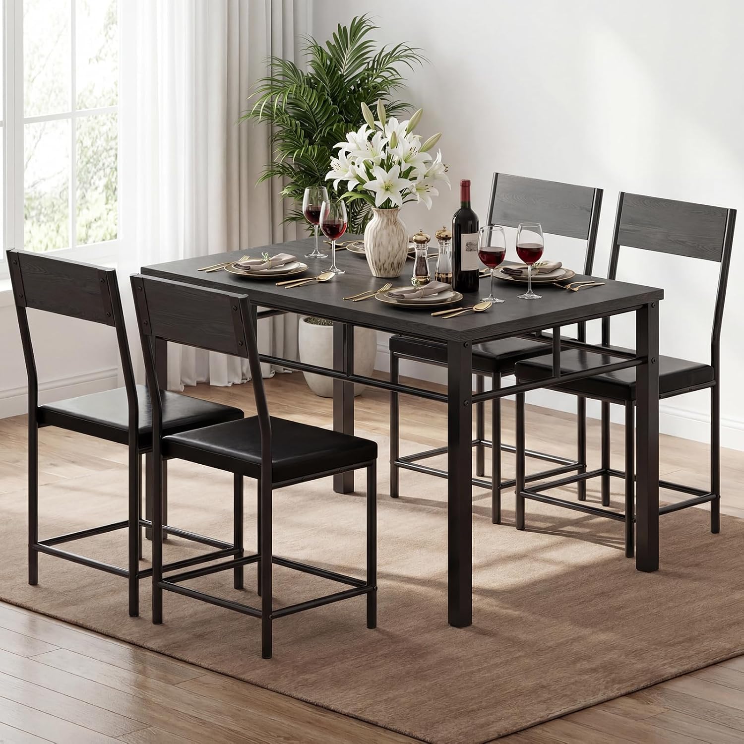 Dining Table Set for 4, 5-Piece Kitchen Table and Chairs Set, Rectangle Wooden Dining Room Table with Metal Frame & MDF Board, Perfect for Small Space, Dinette, Apartment, Grey