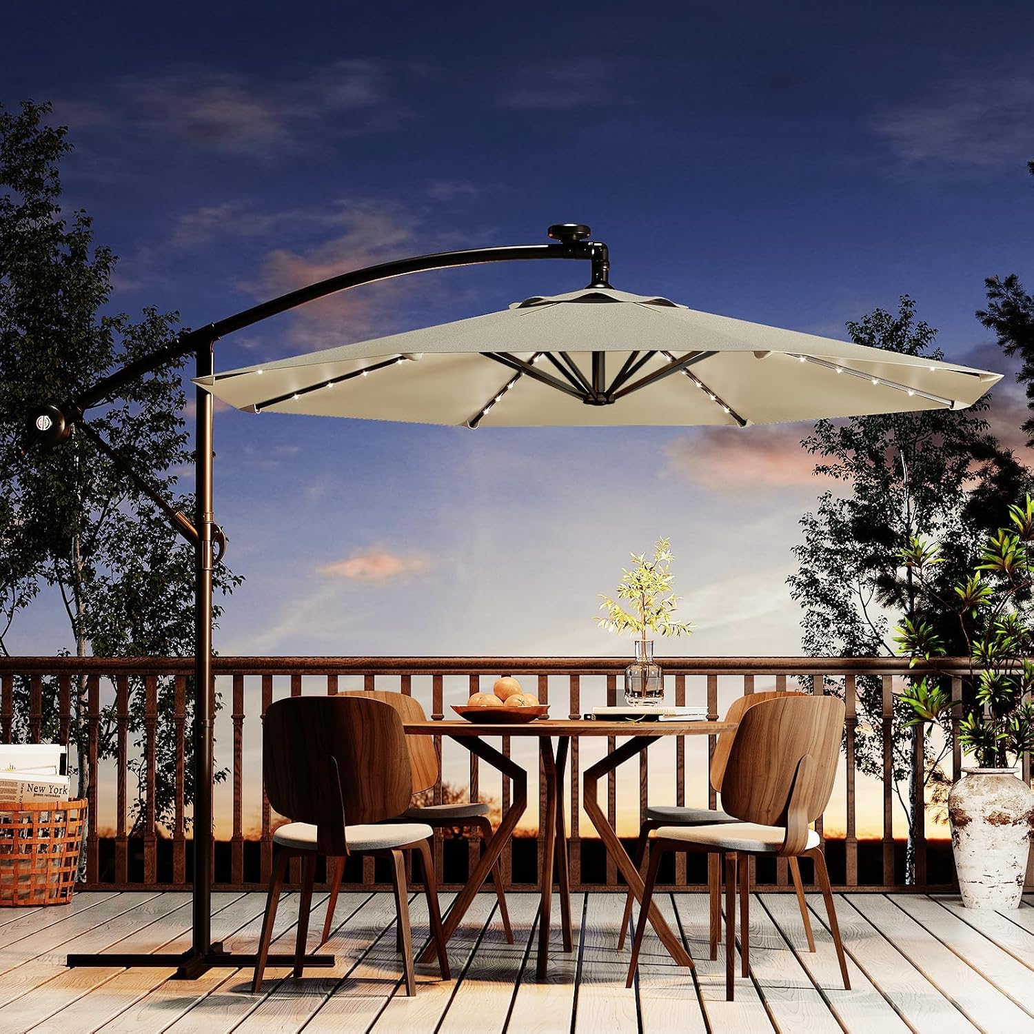 Garvee 10FT Solar Lights Cantilever Umbrella Outdoor Patio, Offset Patio Umbrella with Easy Lift & Tilt Adjustment, UV Protection Fade Resistant for Deck, Pool, Garden, Beige
