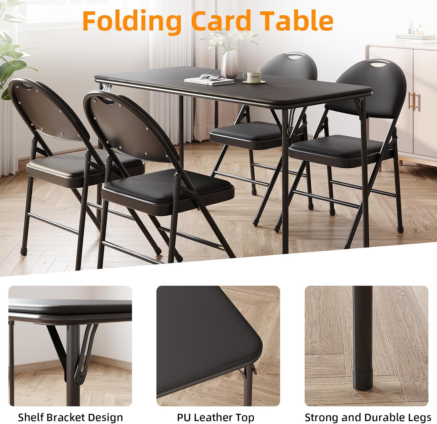Garvee Portable Folding Table and Chairs Set with Metal Legs and Thicken Padded Cushion, No Assembly Required, for Events, Dining Room, Living Room, Office, Camping,