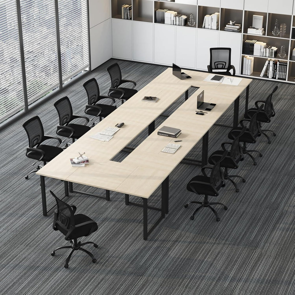 Bonzy Home 18FT Conference Table Set of 6, Modern Large Meeting Table Office Desks for 22 Person, Long Rectangle Table with Sturdy Metal Frame, 213' D x 64' W x 30' H, Natural