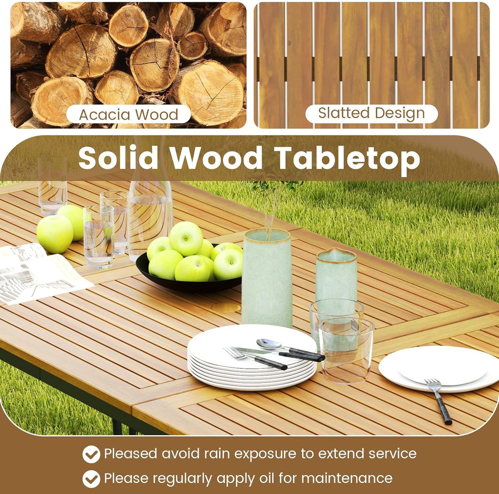 HAPPYGRILL Patio Dining Table for 8, 79' Rectangle Table with Acacia Wood Tabletop & Heavy Duty Metal Frame, Outdoor Dining Table with 2' Umbrella Hole for Backyard, Lawn & Garden