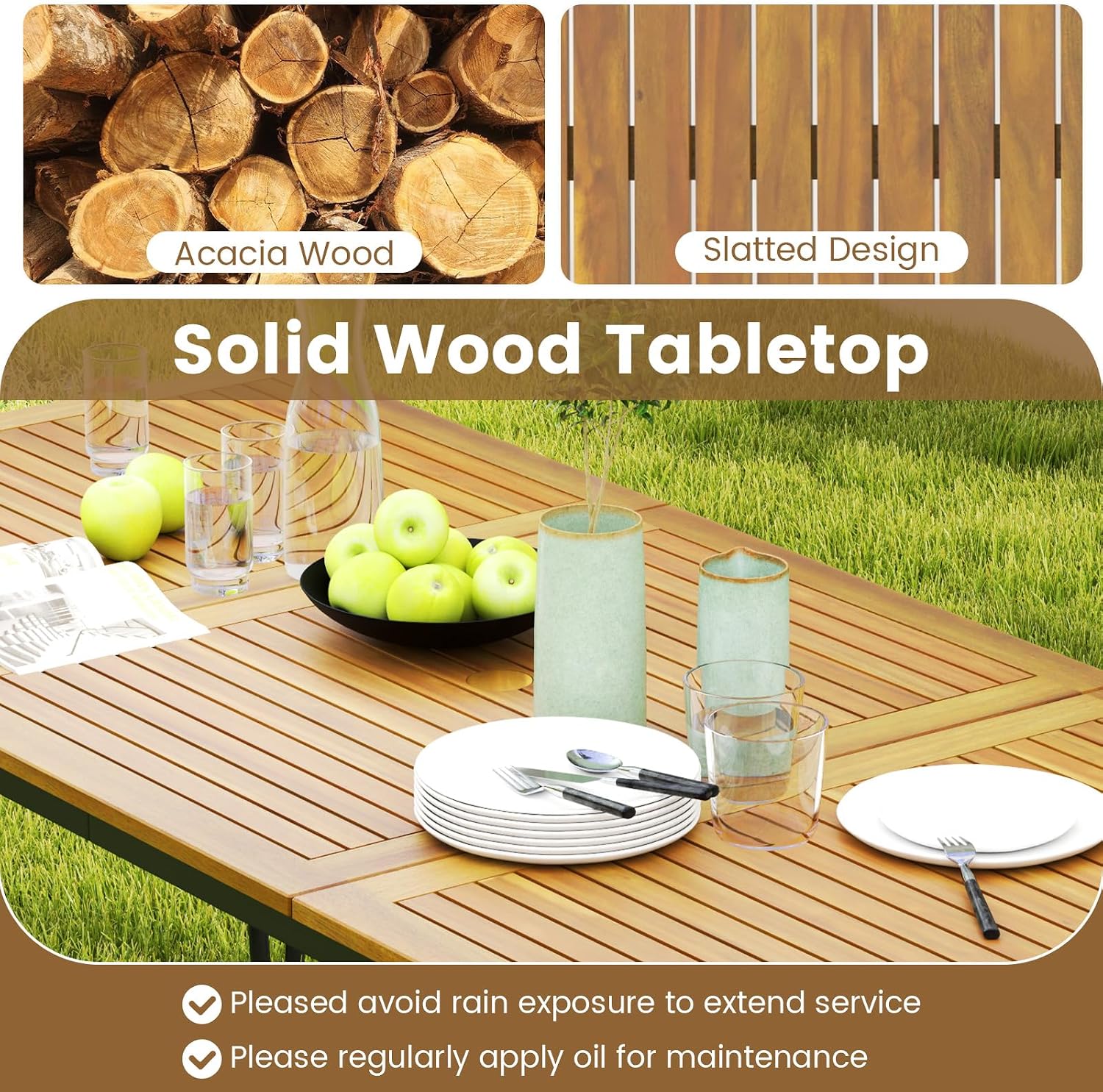 HAPPYGRILL Patio Dining Table for 8, 79' Rectangle Table with Acacia Wood Tabletop & Heavy Duty Metal Frame, Outdoor Dining Table with 2' Umbrella Hole for Backyard, Lawn & Garden