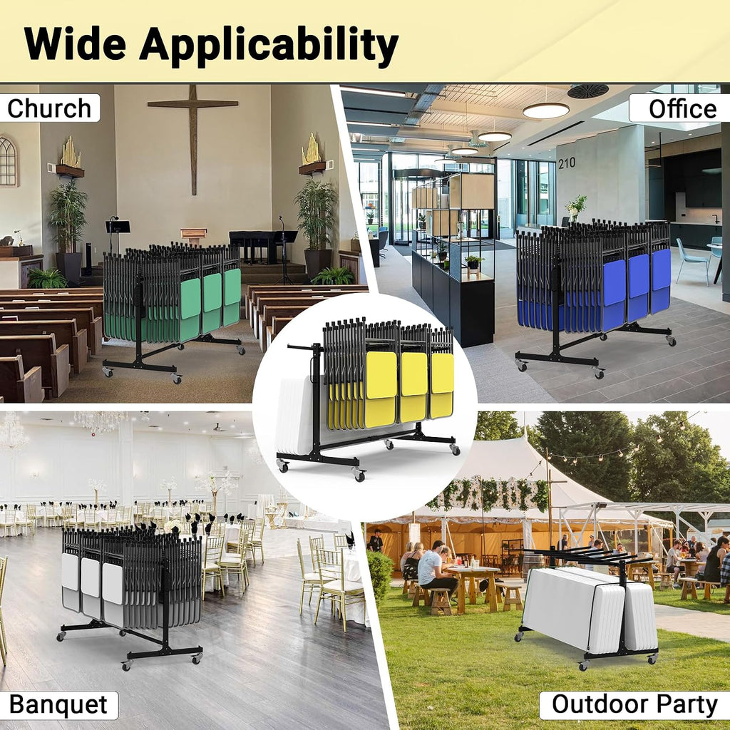 Folding Chair Rack, Heavy-Duty Folding Chair Cart with Swivel Wheels, 600 LBS Capacity for 12 Tables or 42 Chairs, Chair and Table Cart w/Dust Cover and 2 Binding Ropes, 72'L x 33'W x 42'H
