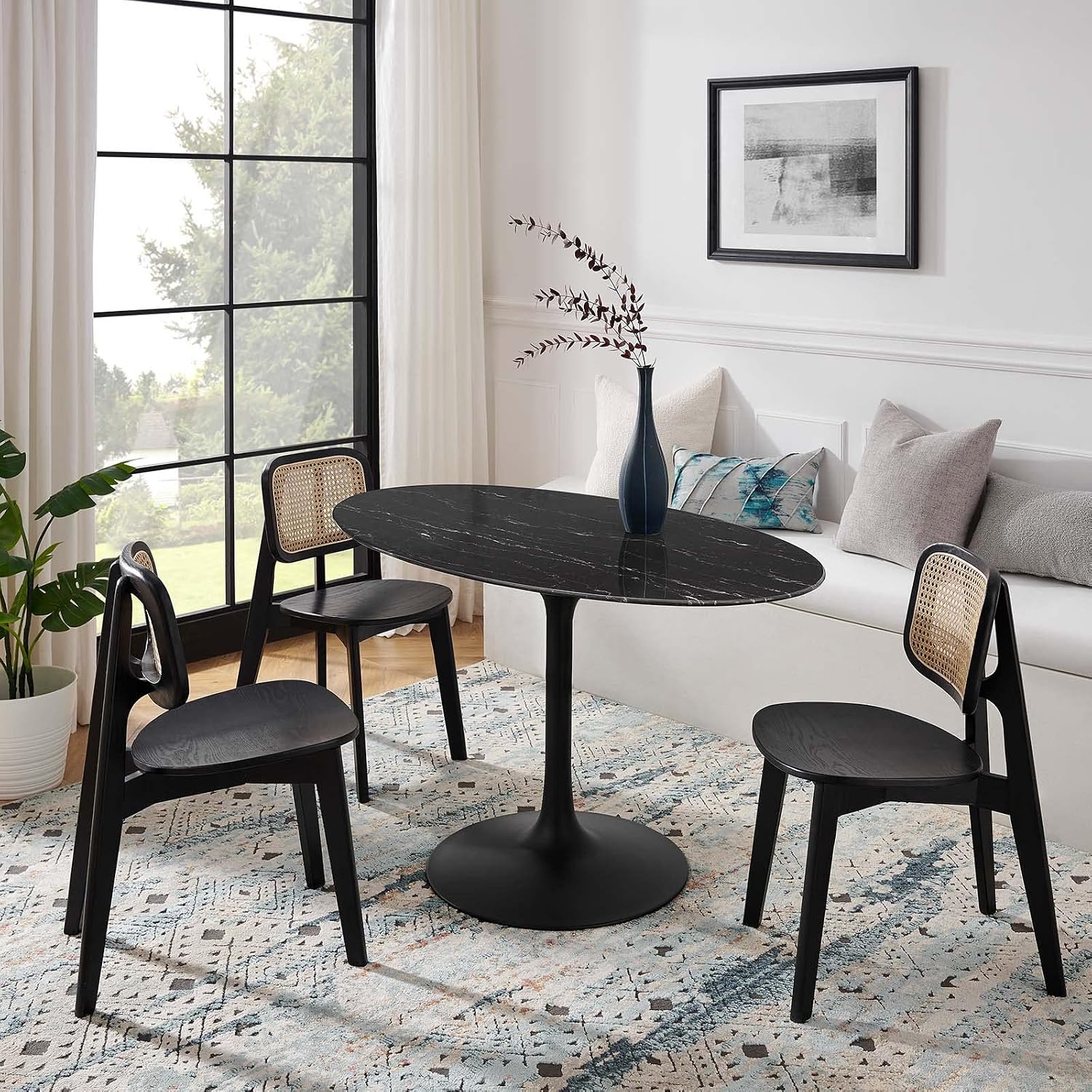 Modway Lippa Oval 54' Mid-Century Modern Artificial Marble Dining Table in Black Black