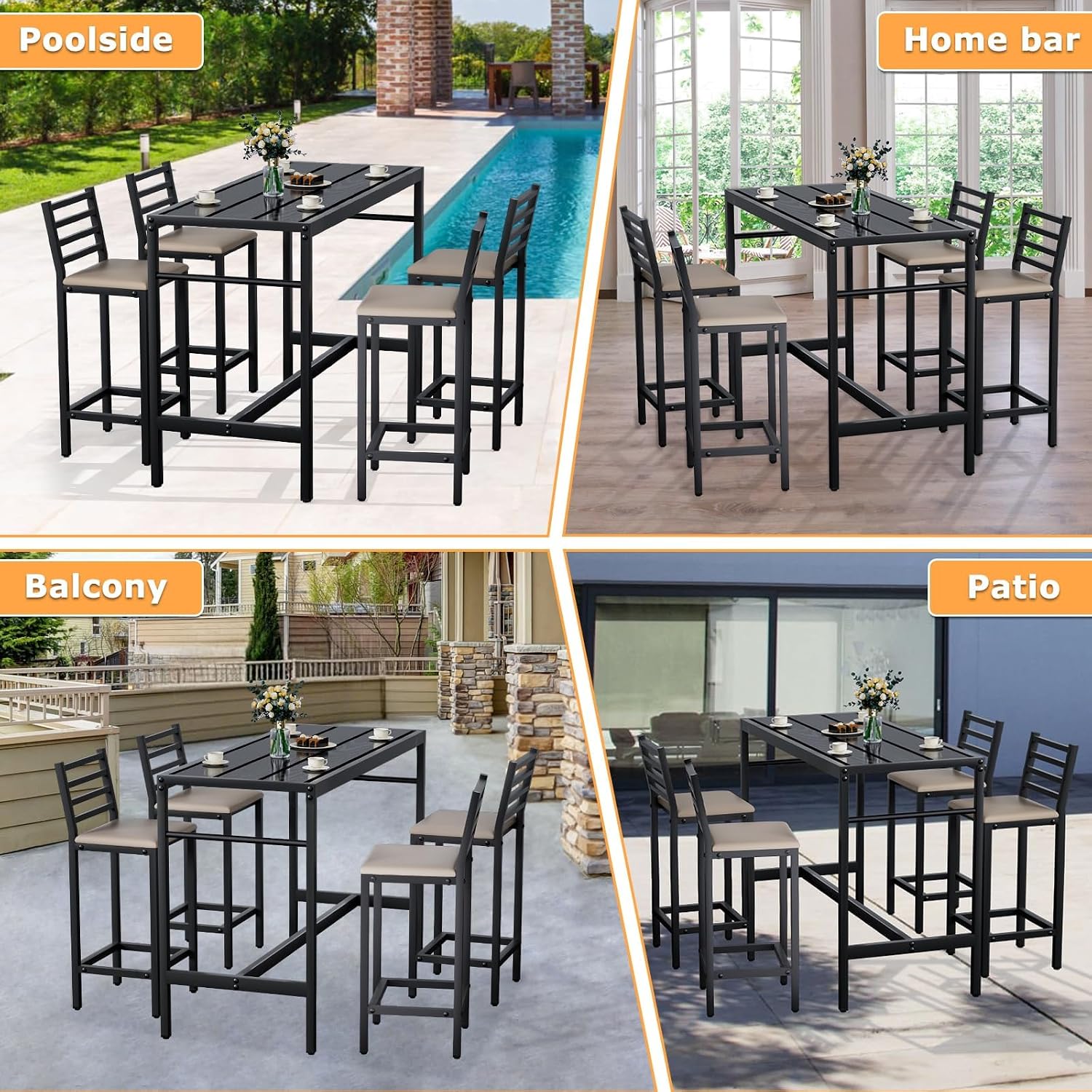 5 Piece Outdoor Patio Bar Set, 54.7' Rectangular Counter Height High Top Bar Tables, 4 Cushioned 41' Bar Stools, Metal Bar Table and Chairs Set for Poolside, Balcony, Backyard, Porch
