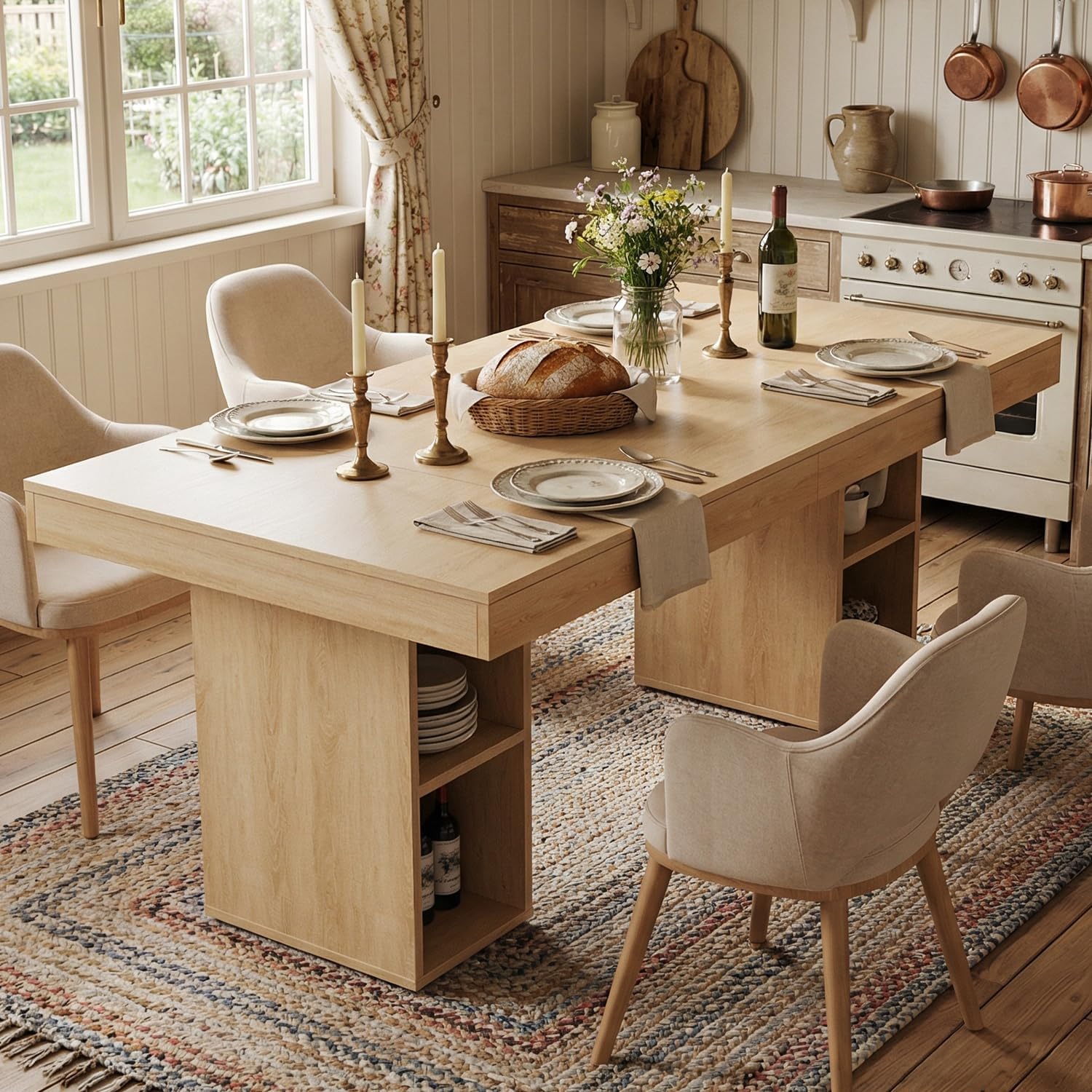 Garvee 63-Inch Large Dining Table for 4-6 with Dual Side Storage, Wooden Kitchen Table w/Large Tabletop & Sturdy Frame, Rectangular Dining Table with Double Pedestal,for Kitchen, Dinner, Light Oak