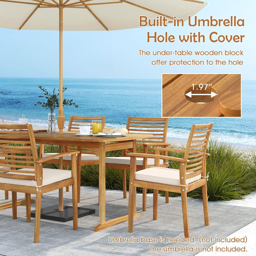 HAPPYGRILL Outdoor Wooden Dining Table for 4-6 People, Acacia Wood Table with Umbrella Hole, for Backyard Patio Deck Porch
