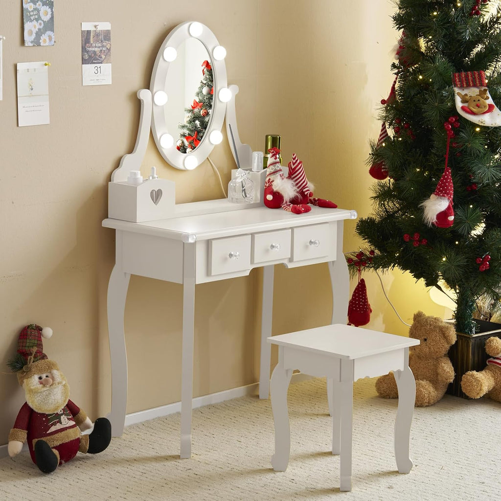 Karl home Kids Vanity Table and Chair Set, Princess MDF Dressing Table with 3-Color LED Lighted Mirror and 3 Drawers, Lovely Waved Design for Toddler's Bedroom and Playroom Decor, Macaroon White