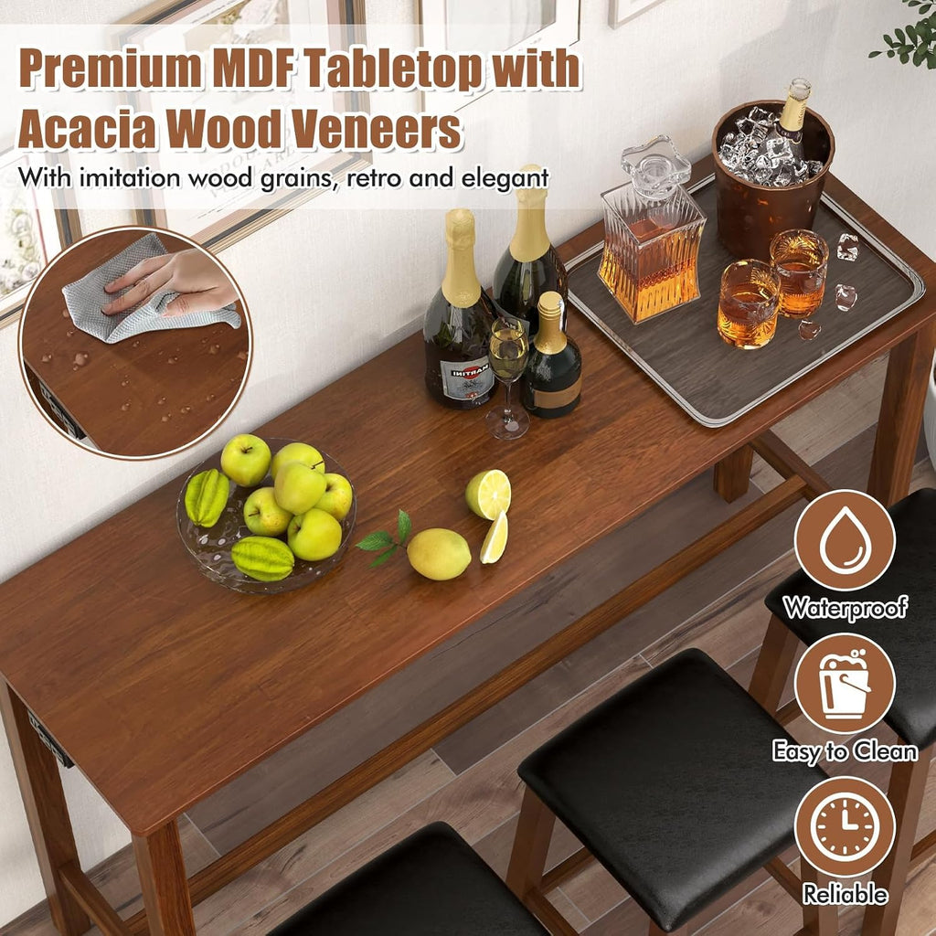 Tangkula 4-Piece Bar Table with Stools, Wooden Dining Bar Table & Chairs Set w/Power Outet, Kitchen Console Table w/ 3 Upholstered Stools for Living Room, Dining Room (Walnut Brown)