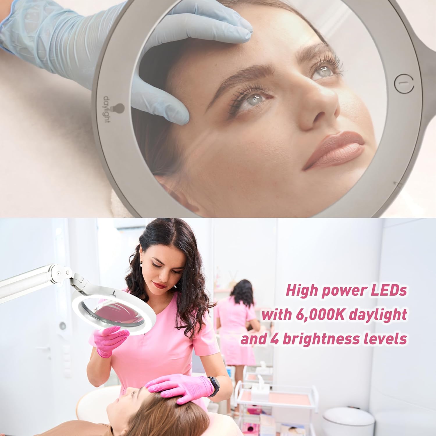 Omega 7 LED Magnifying Lamp – 7' Acrylic Lens, 3 Diopter (1.75X) Magnification, 6,300 Lux at 6', 4 Brightness Levels, Adjustable Arm, Professional-Grade Light for Precision Tasks