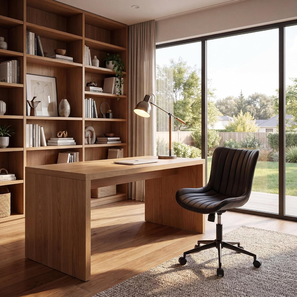 YOUNIKE Black Home Office Desk Chair with Wheels Comfy Armless Cute Vanity Chair with Adjustable Rocking Back Modern Leather Upholstered Rolling Swivel Small Task Drafting Sewing Chair Compact