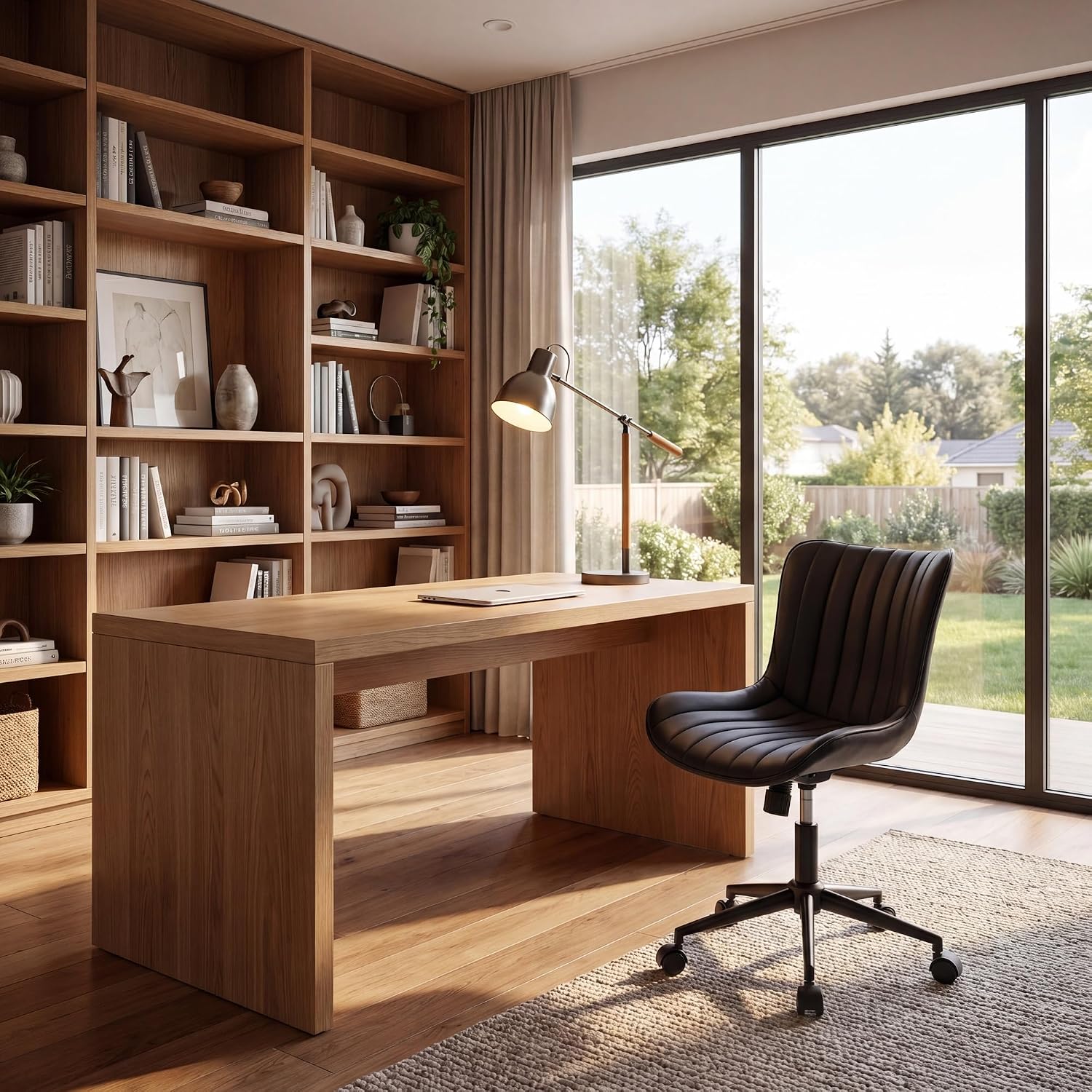 YOUNIKE Black Home Office Desk Chair with Wheels Comfy Armless Cute Vanity Chair with Adjustable Rocking Back Modern Leather Upholstered Rolling Swivel Small Task Drafting Sewing Chair Compact