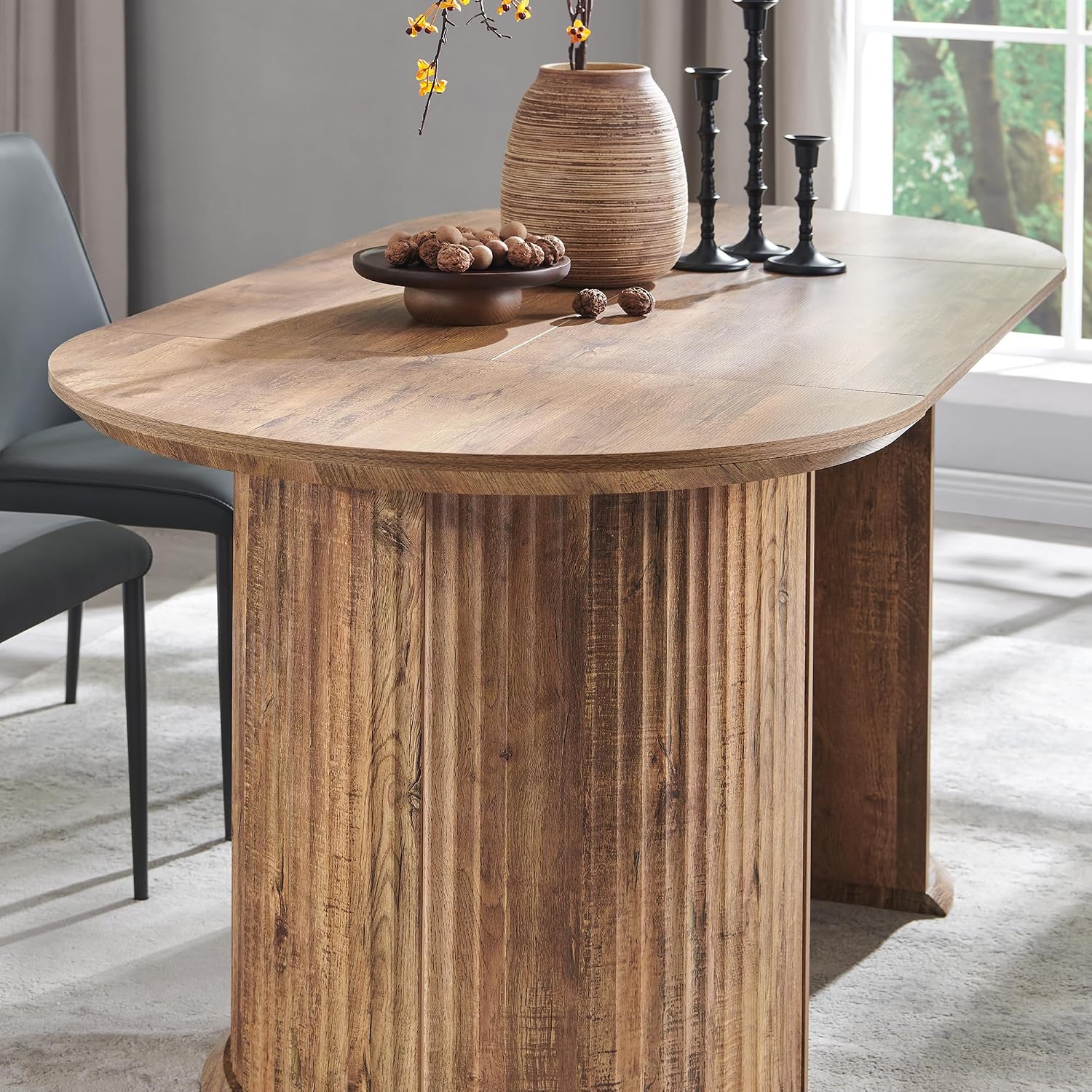 T4TREAM 63' Fluted Oval Dining Table for 4-6, Mid-Century Modern Kitchen Table with Thickened Edge & Semi-Cylindrical Base, Wood Table for Dining Room/Kitchen/Home Office,Gold Rustic Brown(Table Only)