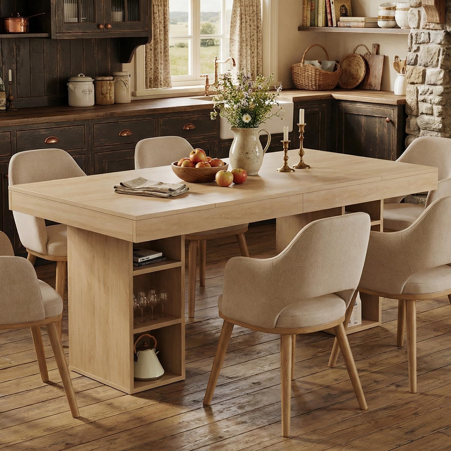 Garvee 63-Inch Large Dining Table for 4-6 with Dual Side Storage, Wooden Kitchen Table w/Large Tabletop & Sturdy Frame, Rectangular Dining Table with Double Pedestal,for Kitchen, Dinner, Light Oak