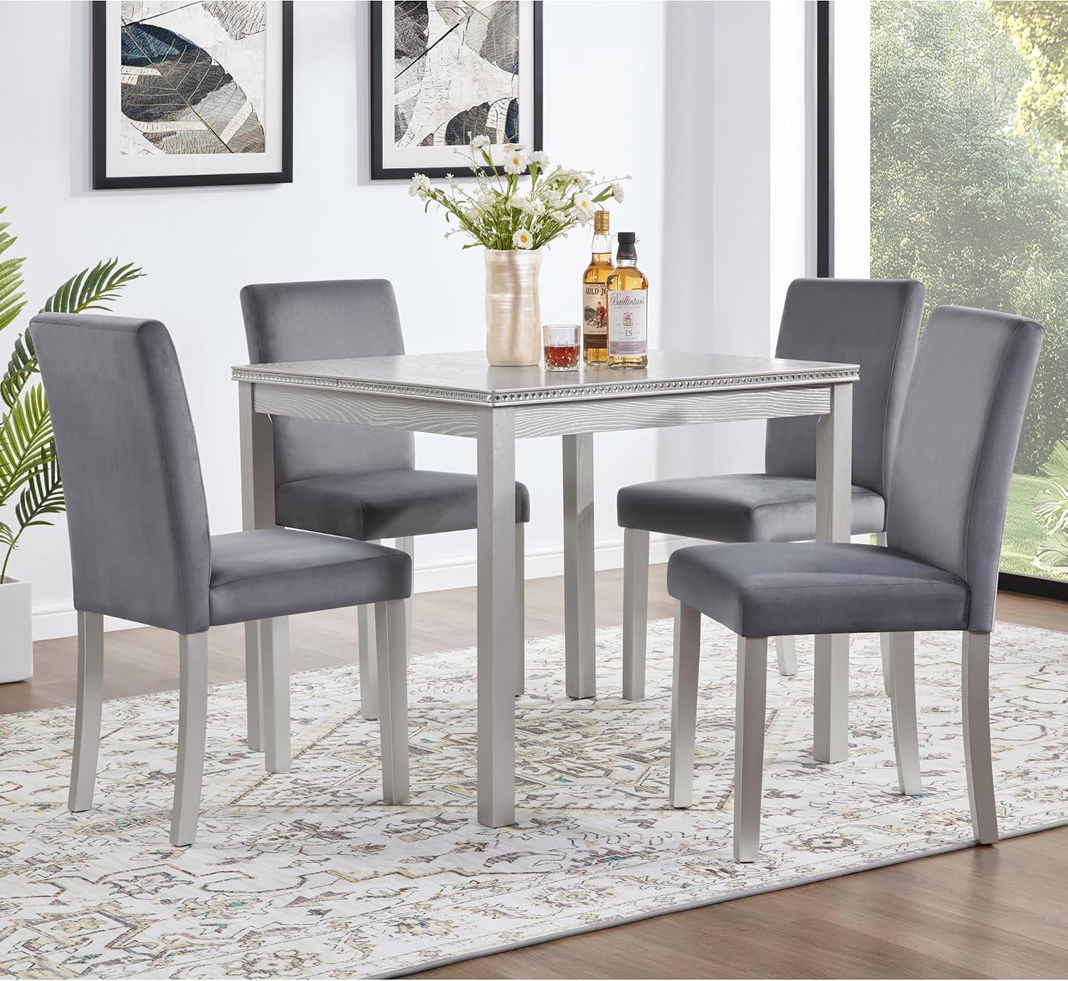 LUMISOL 5 Piece Wooden Dining Table Set, Farmhouse Kitchen Table Set with a Square Table and 4 Upholstered Chairs, Dining Room Table with Crystal Decoration and Chairs Set, Sliver Grey