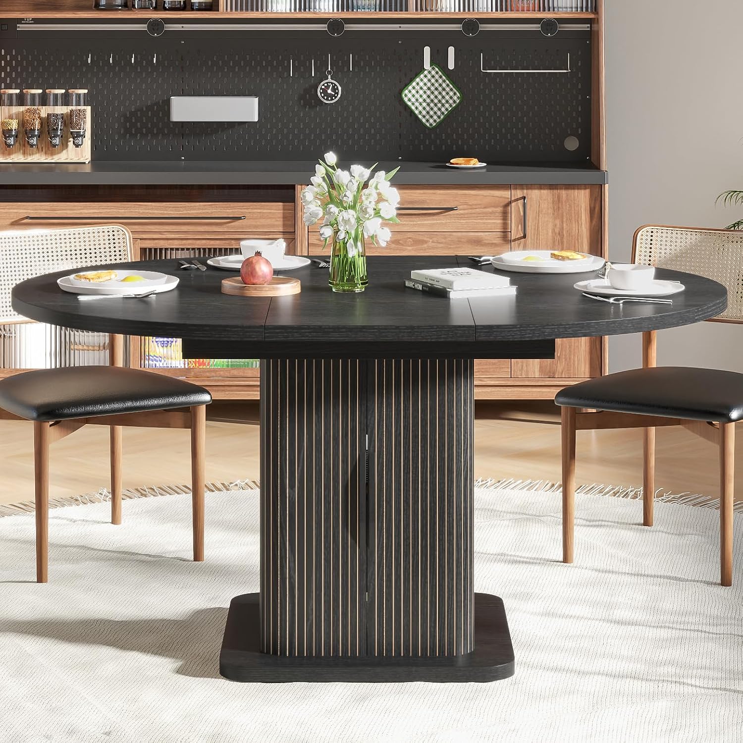 Extendable Black Round Dining Table for 4-6-8, 59 Inch Kitchen Dining Room Table with Storage, Modern Oval Circle Dinner Furniture, Fluted Wood Slide Door, for Home, Living Room, Farmhouse, Black