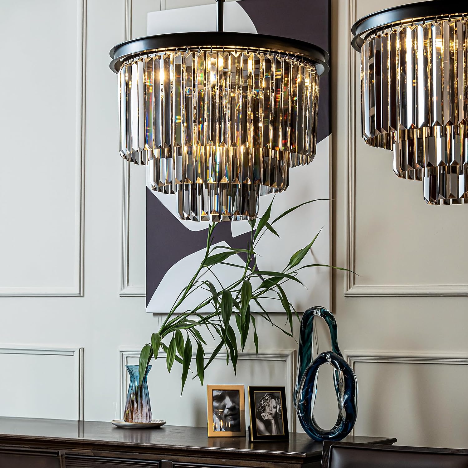 ALOADECOR 6-Light W 20 in. Modern Odeon 3-Tier Round Fringe Crystal Chandelier in Matte Black Finish Frame with Smoke Crystal Accents Dual-Use Light for Dining Room Living Room Bedroom
