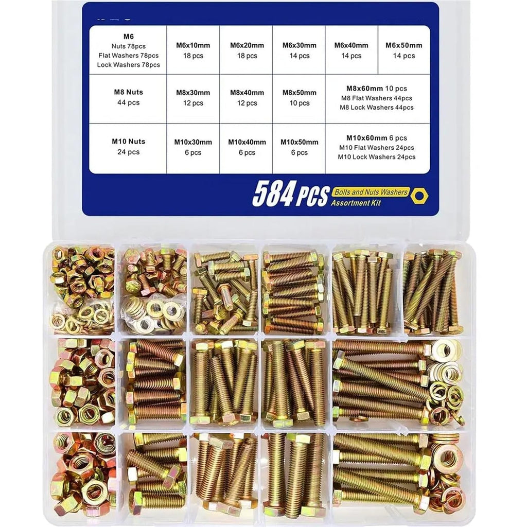 Set Screw Assortment Kit 584PCS Grade 8. Alloy Steel Hex Heavy Duty Bolt Kit with Nuts, Screws, Washers for Homeowners,DIYers,Mechanics,Industrial Workers