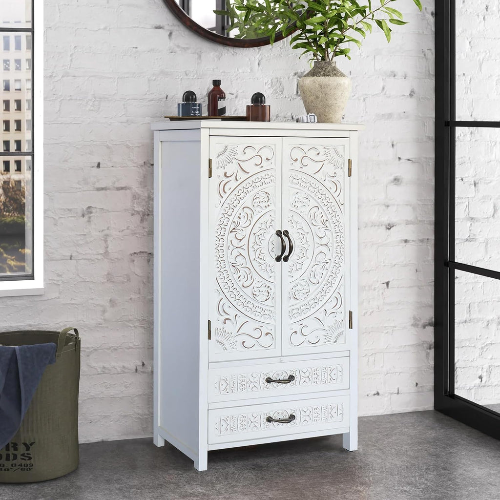 LKTART 48' Tall Vintage Sideboards Carved Wood Buffet Cabinet,Farmhouse Pantry Decorative Cabinet with Carved Doors and Drawers for Home Decor and Finishing Fir Wood