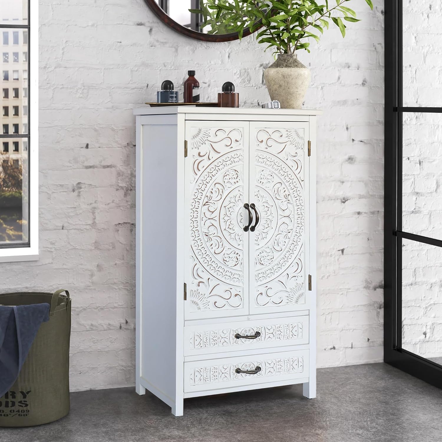 LKTART 48' Tall Vintage Sideboards Carved Wood Buffet Cabinet,Farmhouse Pantry Decorative Cabinet with Carved Doors and Drawers for Home Decor and Finishing Fir Wood