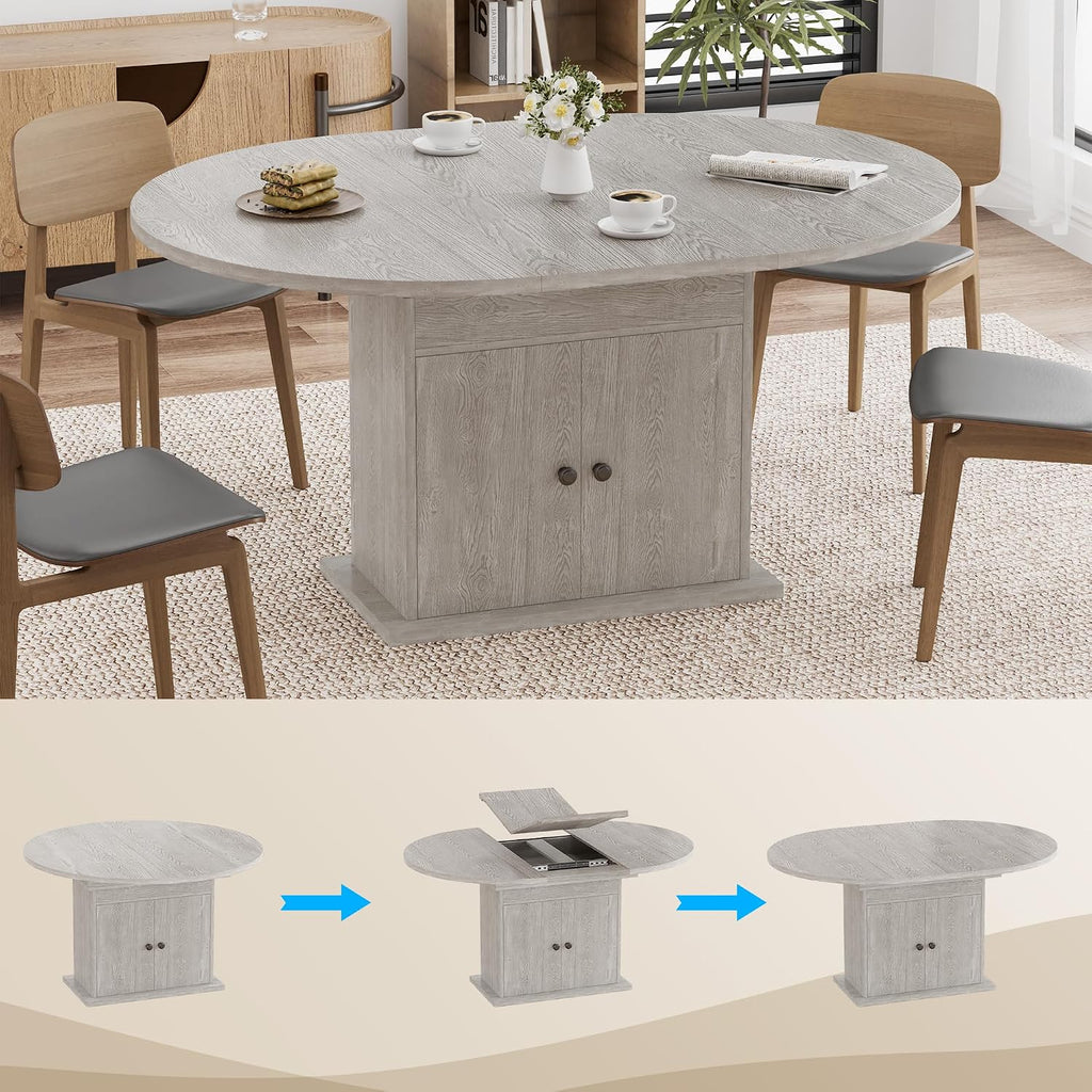 43.3in-59in Extendable Round Dining Table for 4-8, Modern Expandable Kitchen Oval Dining Table, Space Saving Circle Dining Room Table with Storage Shelf for Kitchen Living Room (Grey)