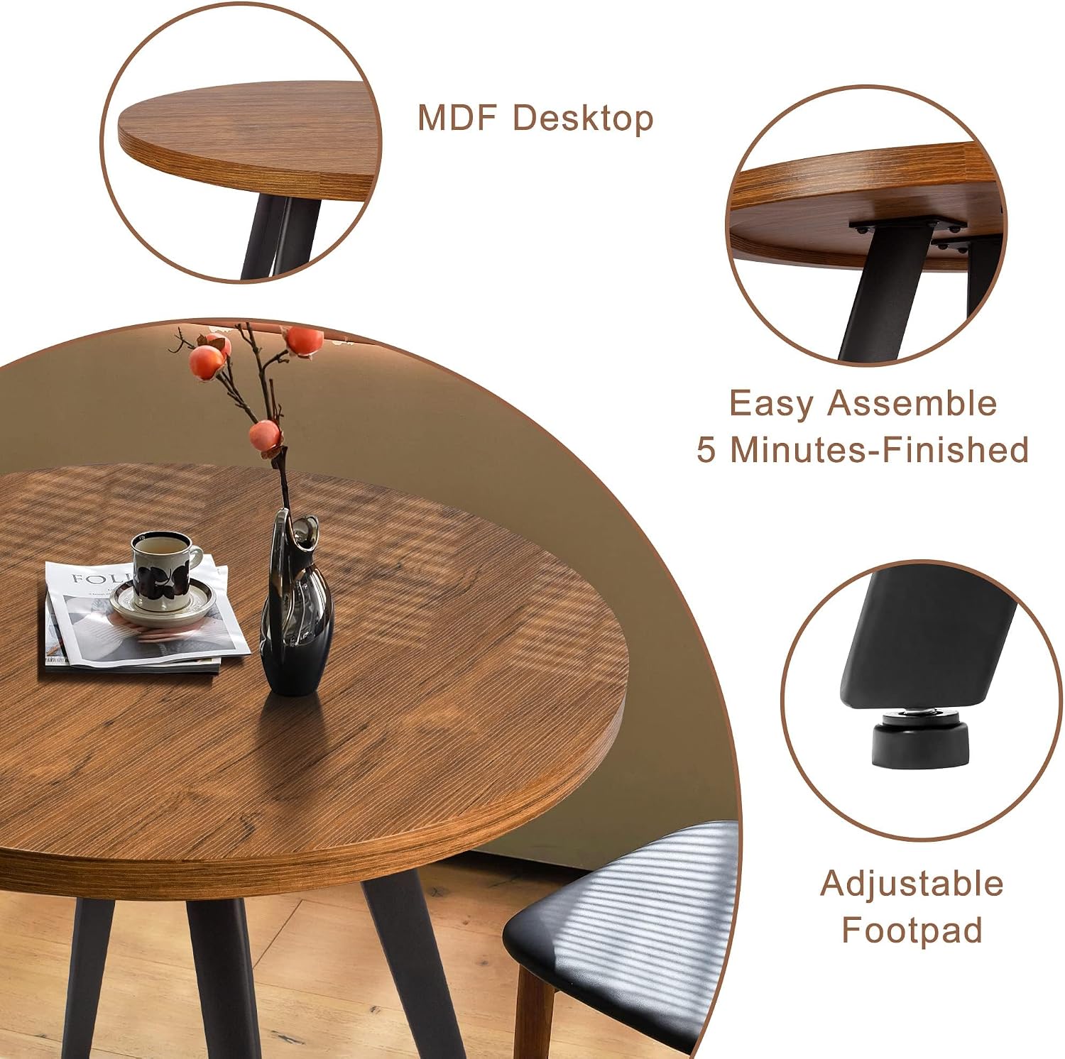 Round Dining Table, Small Dining Table for 2, 31.5' Round Table, Mid-Century Modern Kitchen Table with 1.4' Thickness Wood Grain Tabletop for or Small Space, Dining Room, Kitchen, Brown
