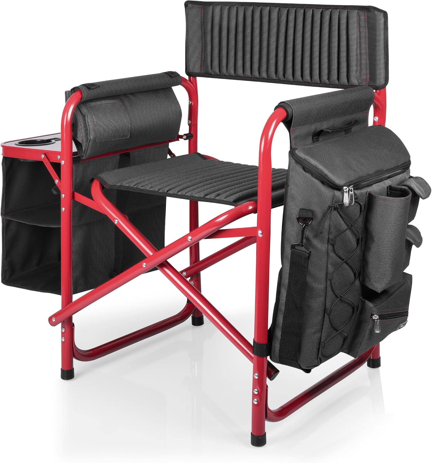 PICNIC TIME Fusion Camping Chair with Side Table and Soft Cooler, Outdoor Foldable Padded Camping Chairs with Cup Holder for Lawn, Beach, & Sports Use for Adults, (Dark Gray Red Accents)