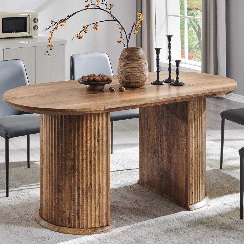 T4TREAM 63' Fluted Oval Dining Table for 4-6, Mid-Century Modern Kitchen Table with Thickened Edge & Semi-Cylindrical Base, Wood Table for Dining Room/Kitchen/Home Office,Gold Rustic Brown(Table Only)