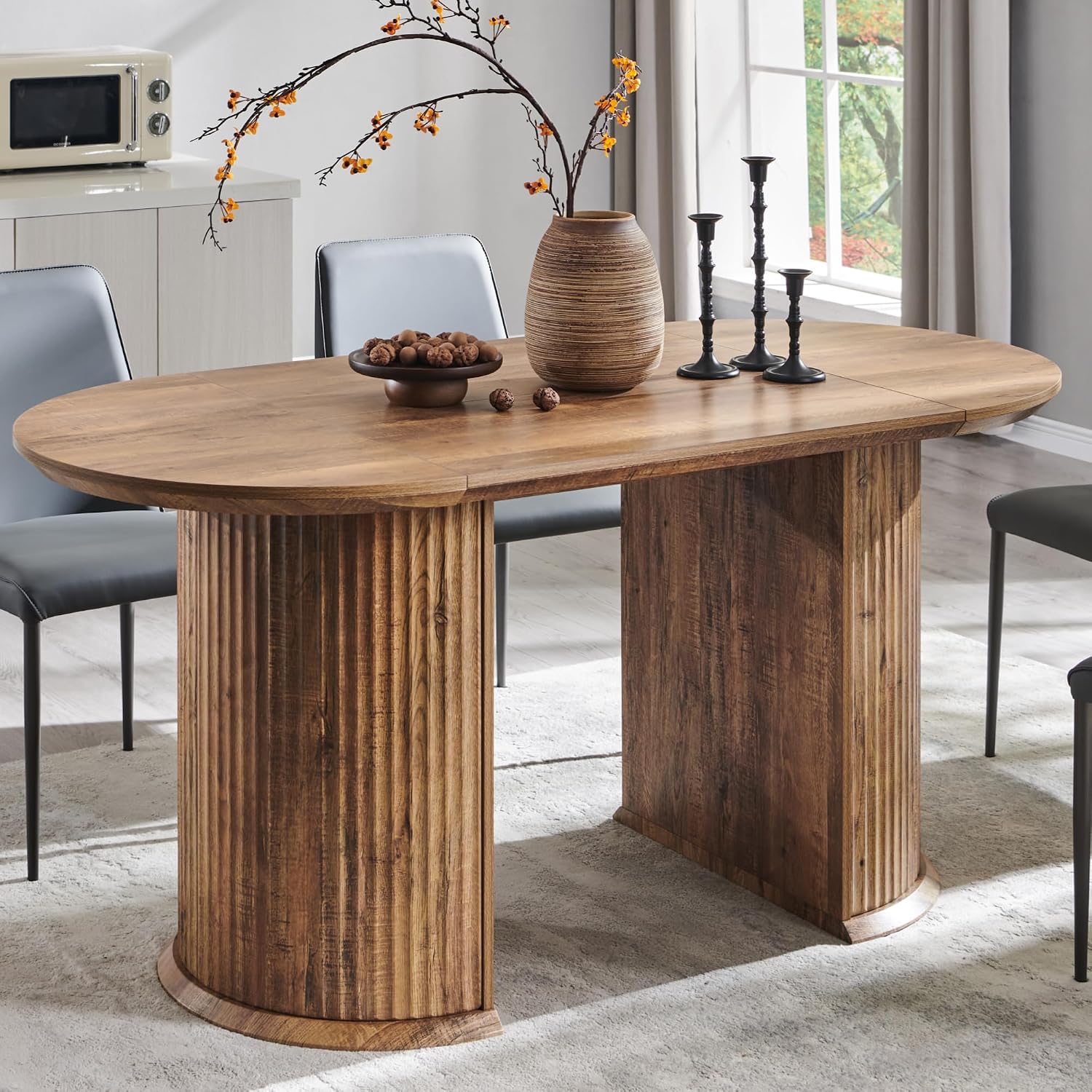 T4TREAM 63' Fluted Oval Dining Table for 4-6, Mid-Century Modern Kitchen Table with Thickened Edge & Semi-Cylindrical Base, Wood Table for Dining Room/Kitchen/Home Office,Gold Rustic Brown(Table Only)
