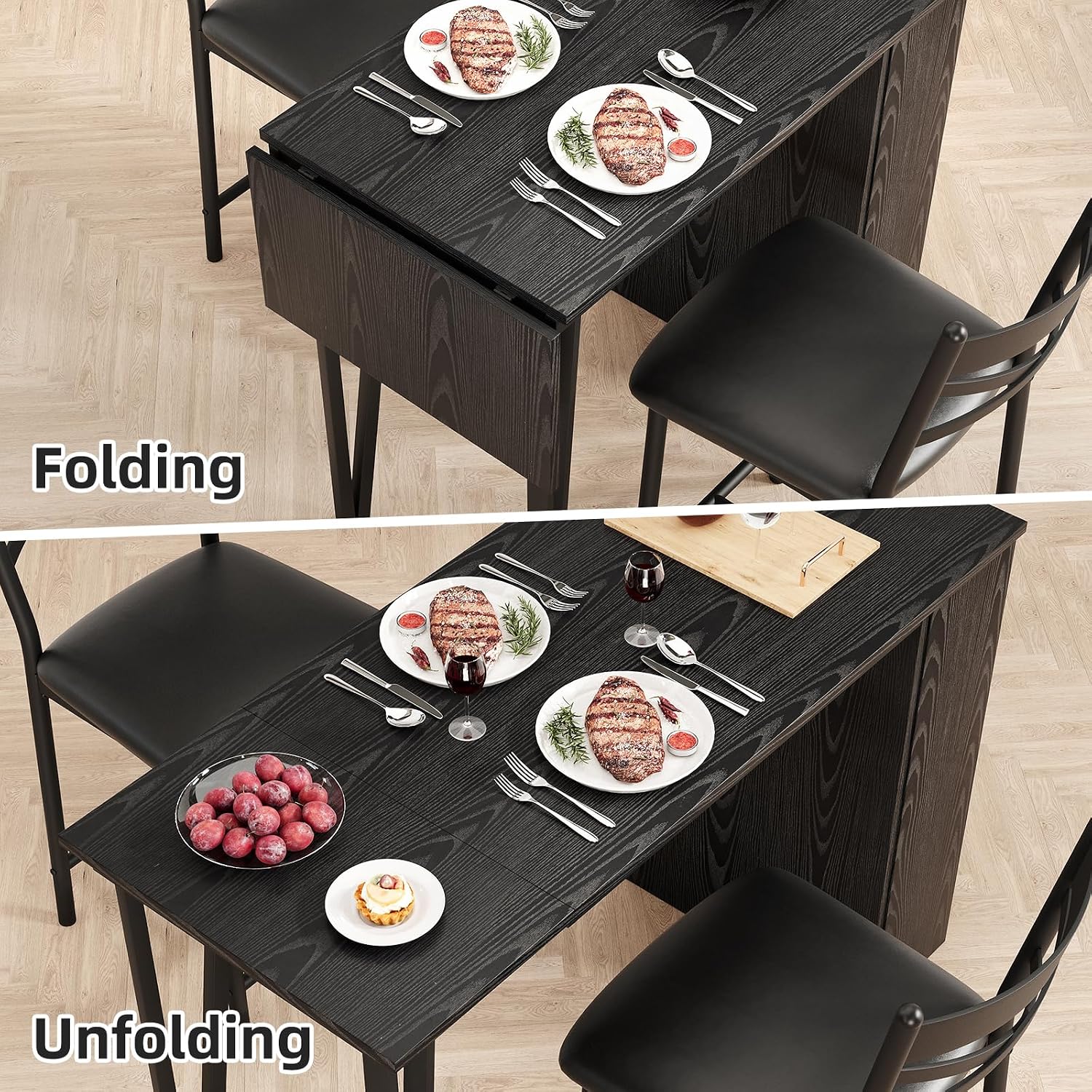 Garvee Bar Table and Chairs Set, 3 Piece Bar Table Set with with Flip Top Extension and Storage Shelves, Dining Table Set for 2, Suitable for Small Space Kitchen Apartment, Black
