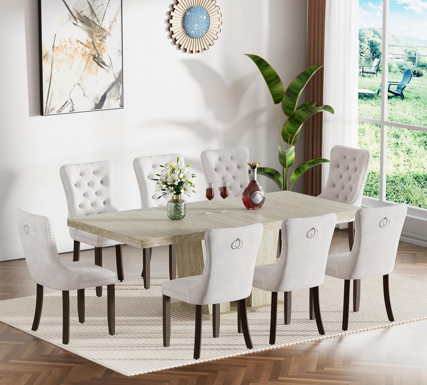 Henf 9 Pieces Extendable Dining Table Set for 8, 63'-79' Faux Mars Kitchen Table Set with 8 Beige Chairs, Faux Marble Expandable Dining Room Tables Set for 8,Modern Dinner Tables Set for 8