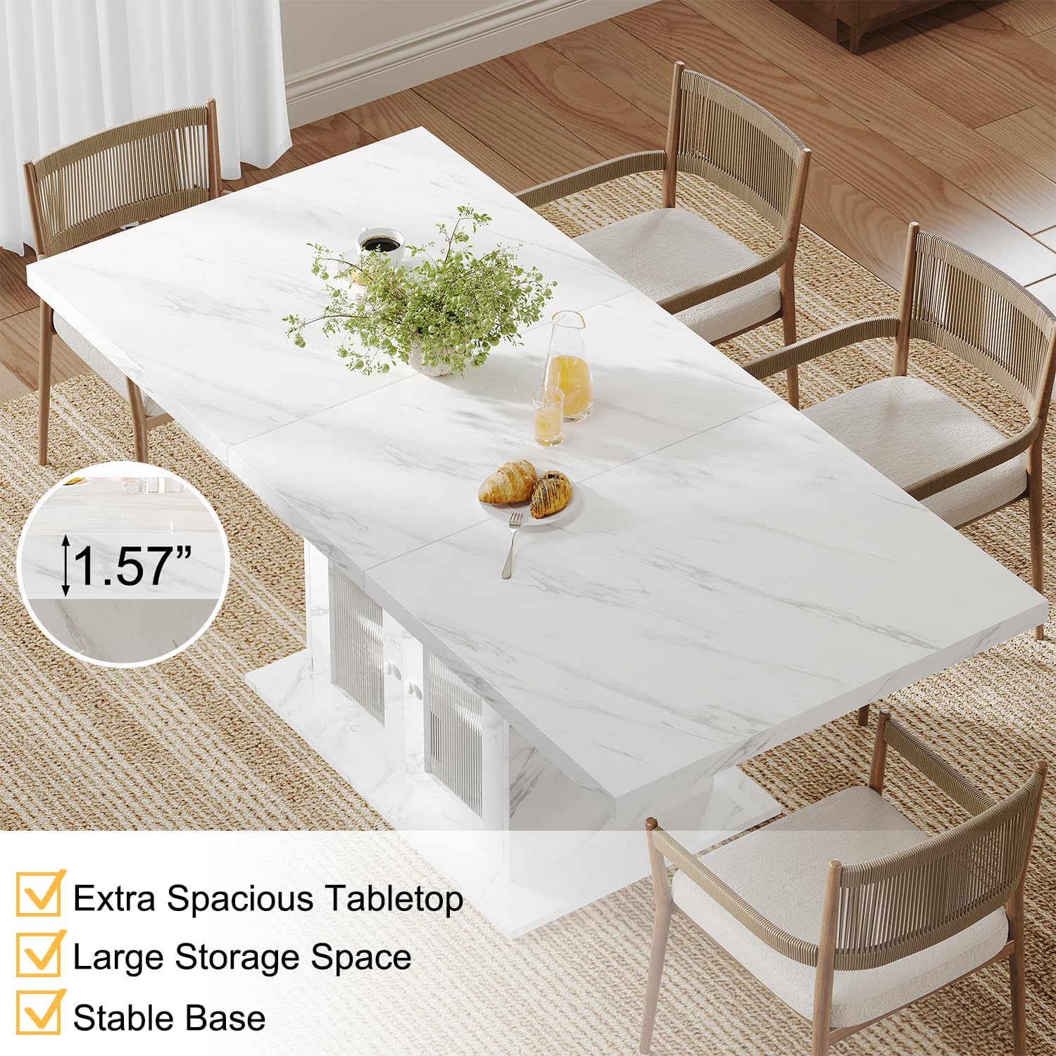 HSH Dining Table for 4–6, 63' Modern Kitchen Dining Room Table with Storage Shelves & Acrylic Door Cabinet,Wood Rectangle Dinner Table with Faux Marble Top for Home Apartment, White Faux Marble