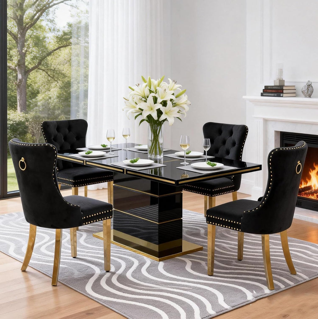 70 inch Black Dining Table for 4-6 People, Modern Kitchen Table with High Gloss Finish, Gold Stainless Steel Trims & Sturdy Pedestal Base, Luxury Dining Room Table for Dinner Party Family Gatherings